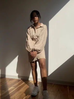 Lexi Button Down Balloon Sleeve Dress In Tan