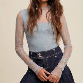 Light Blue Lace Mock Neck Layering Top