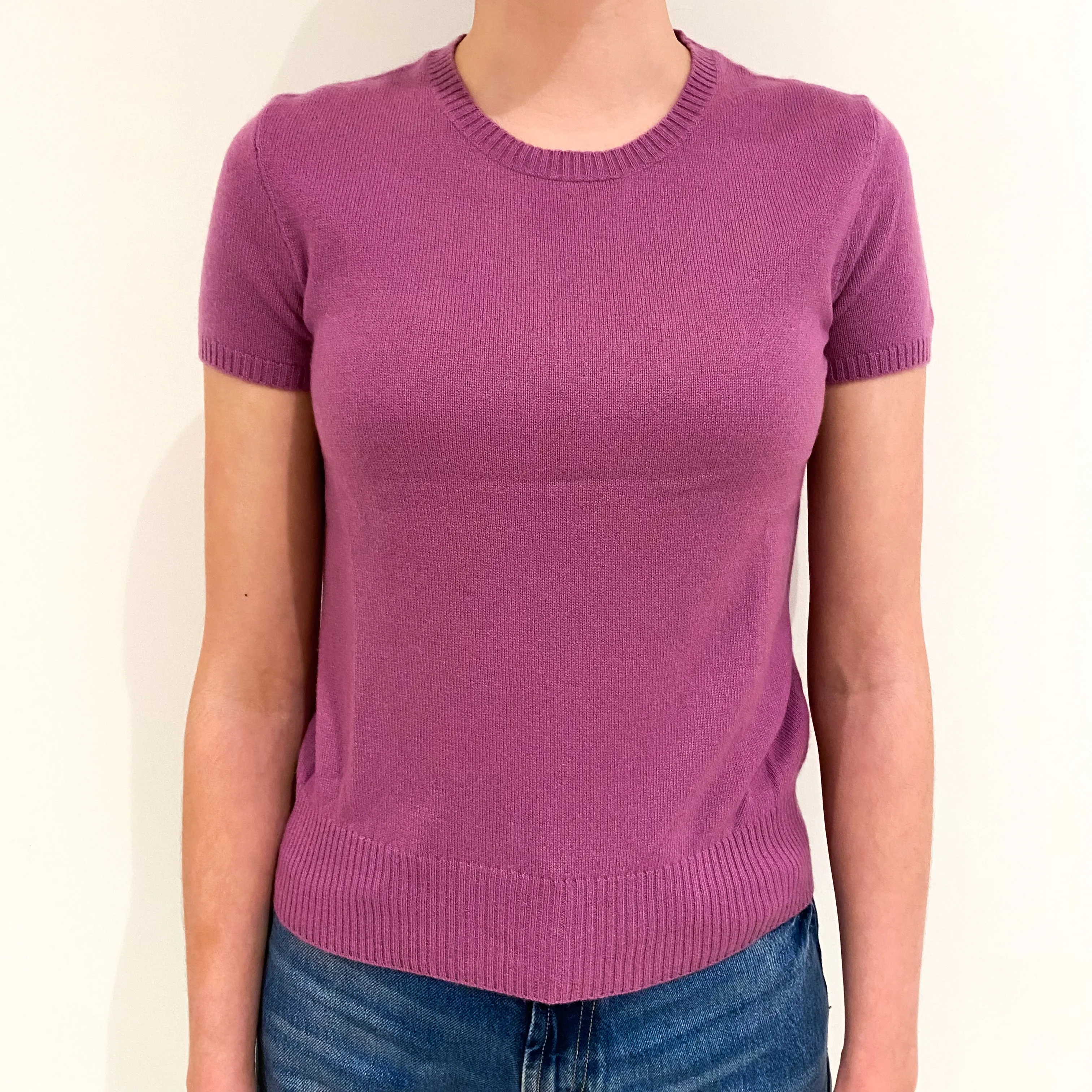 Loganberry Pink Short Sleeved Cashmere Crew Neck Jumper Extra Small