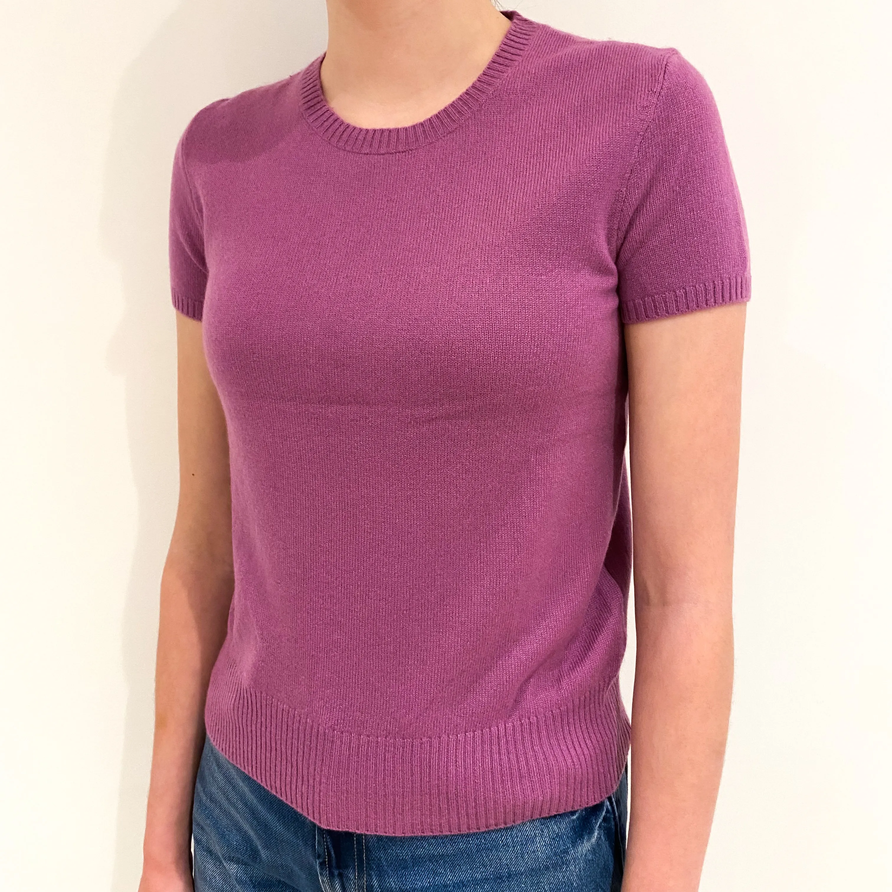Loganberry Pink Short Sleeved Cashmere Crew Neck Jumper Extra Small