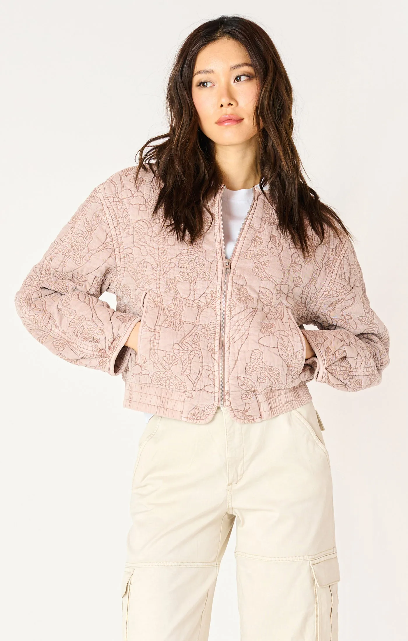 Long Sleeve Floral Quilted Bomber Jacket - Faded Rose