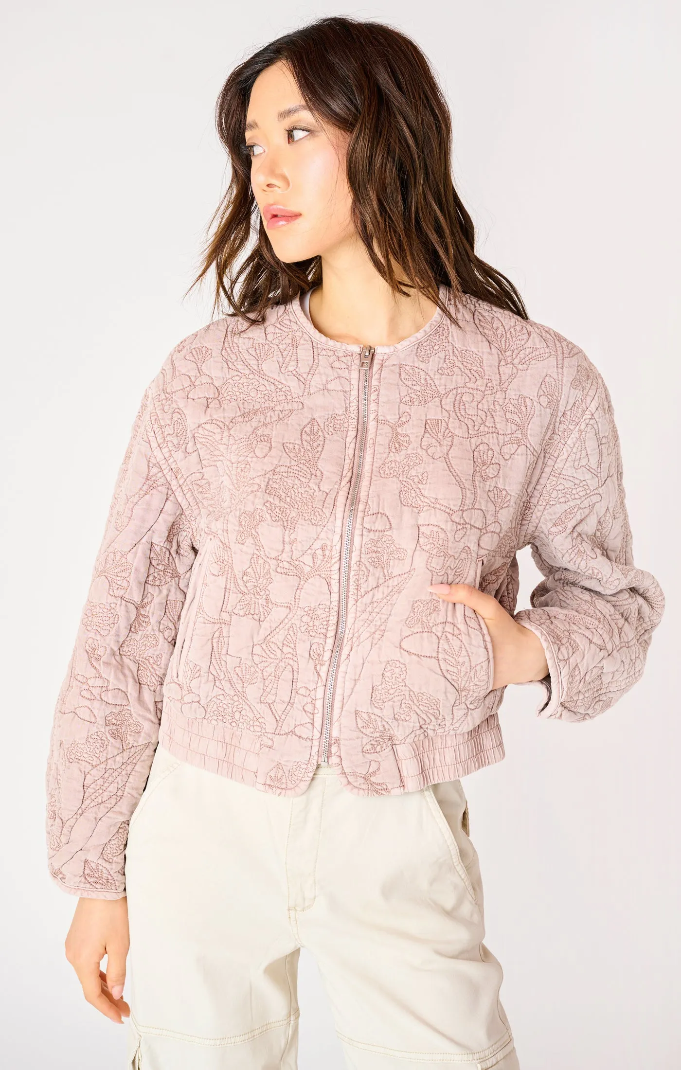 Long Sleeve Floral Quilted Bomber Jacket - Faded Rose