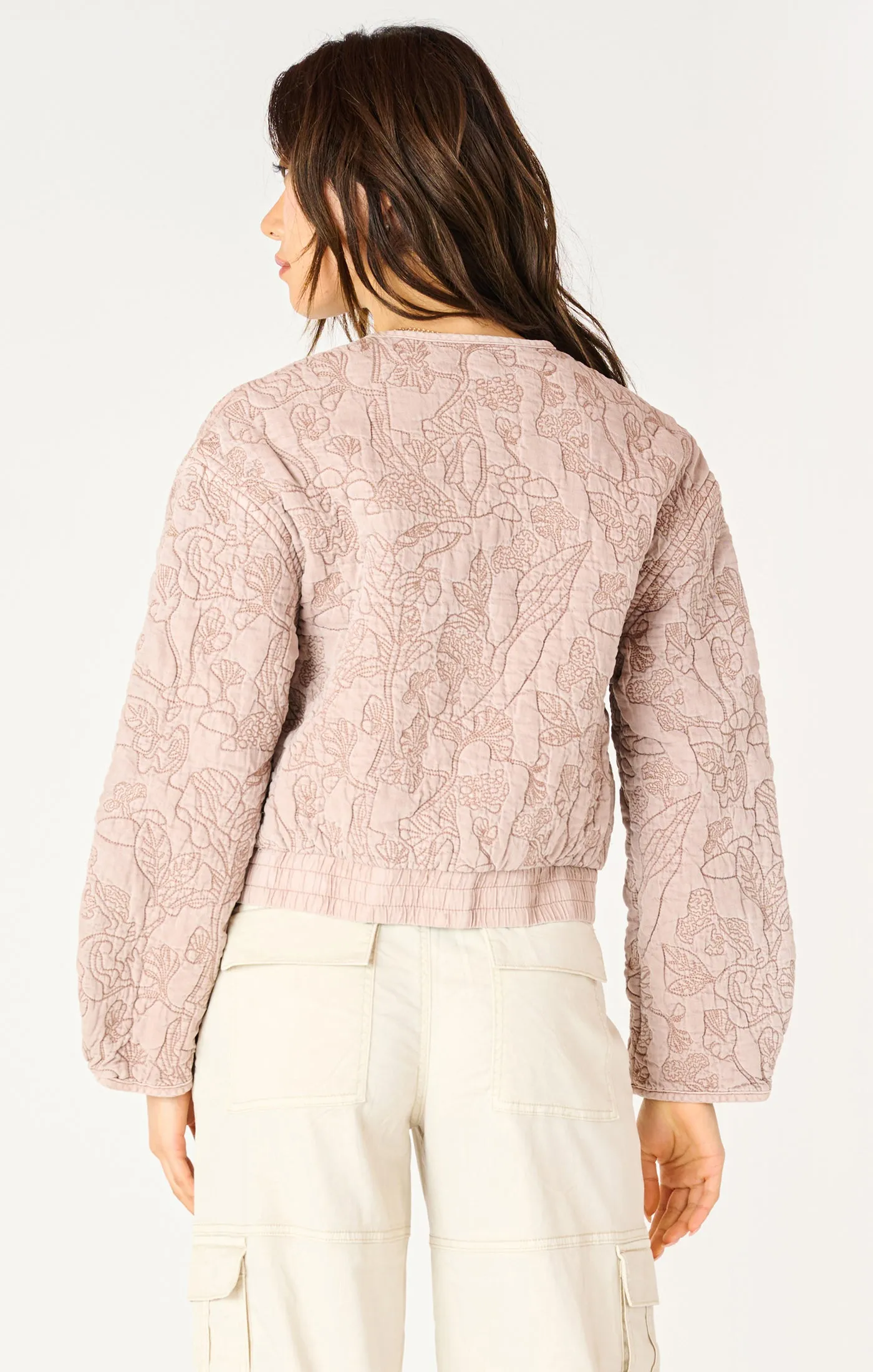 Long Sleeve Floral Quilted Bomber Jacket - Faded Rose