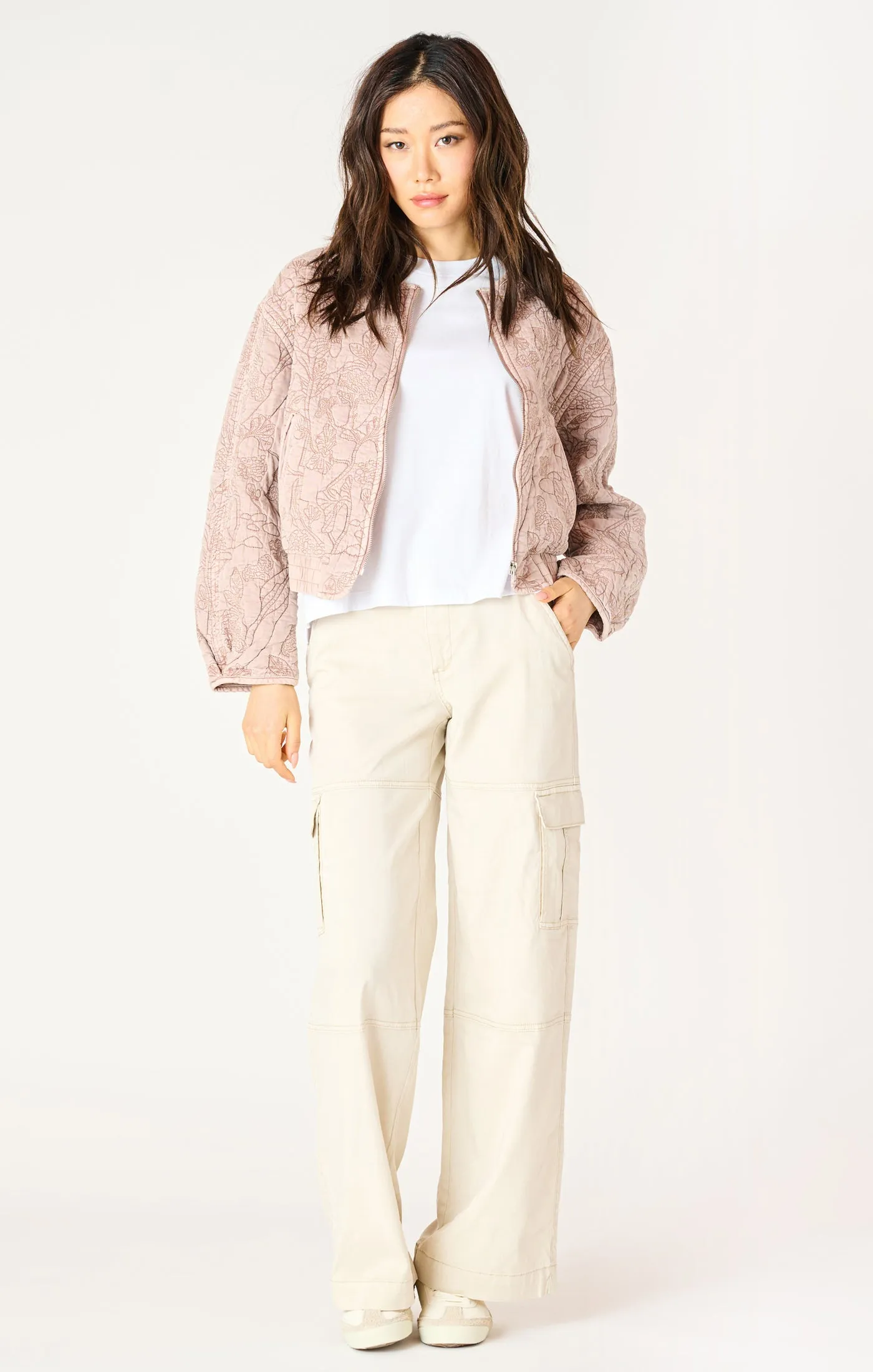 Long Sleeve Floral Quilted Bomber Jacket - Faded Rose