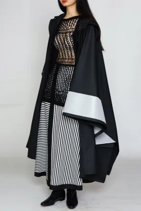 Matte Rainwear Zip-Front Hooded Cape with Silver Gunmetal Geometric Trim