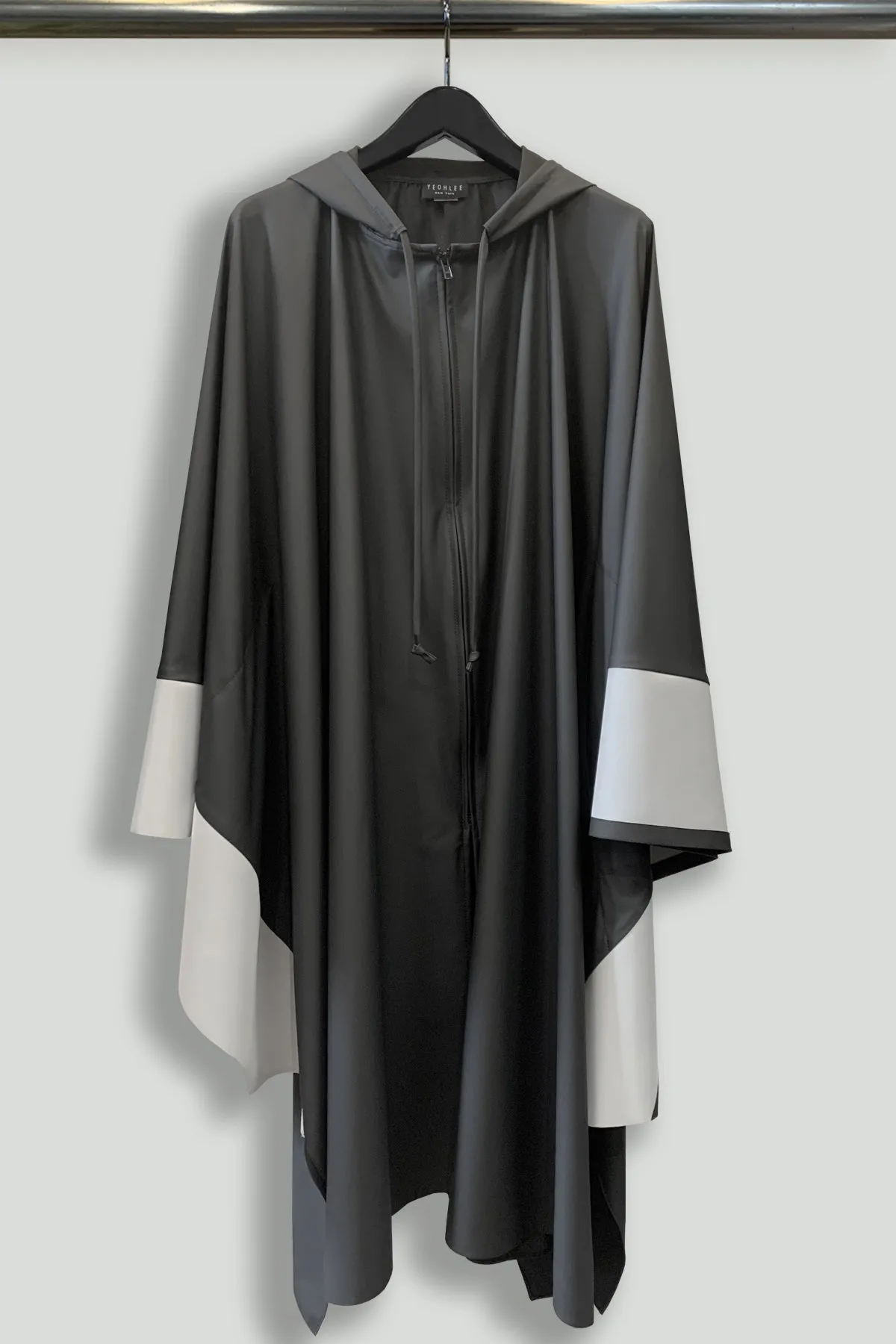 Matte Rainwear Zip-Front Hooded Cape with Silver Gunmetal Geometric Trim