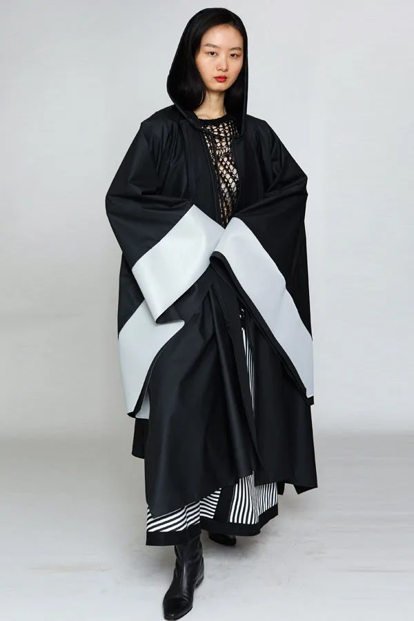 Matte Rainwear Zip-Front Hooded Cape with Silver Gunmetal Geometric Trim