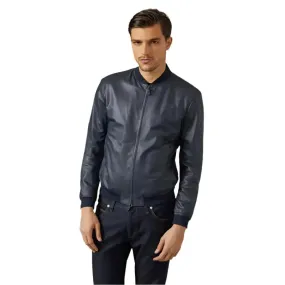 Men's Blue Varsity Bomber Leather Jacket - Stylish & Sporty