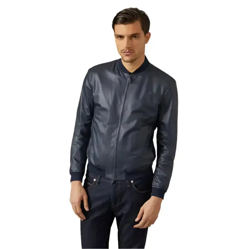Men's Blue Varsity Bomber Leather Jacket - Stylish & Sporty