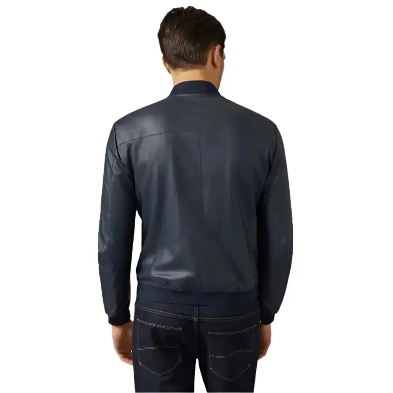 Men's Blue Varsity Bomber Leather Jacket - Stylish & Sporty