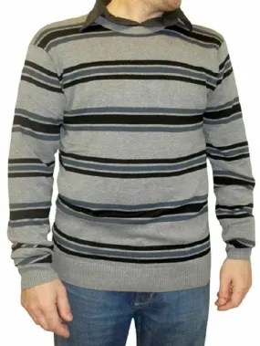 Mens Grey & Black Multi Striped Cotton Rich Knitted Jumper