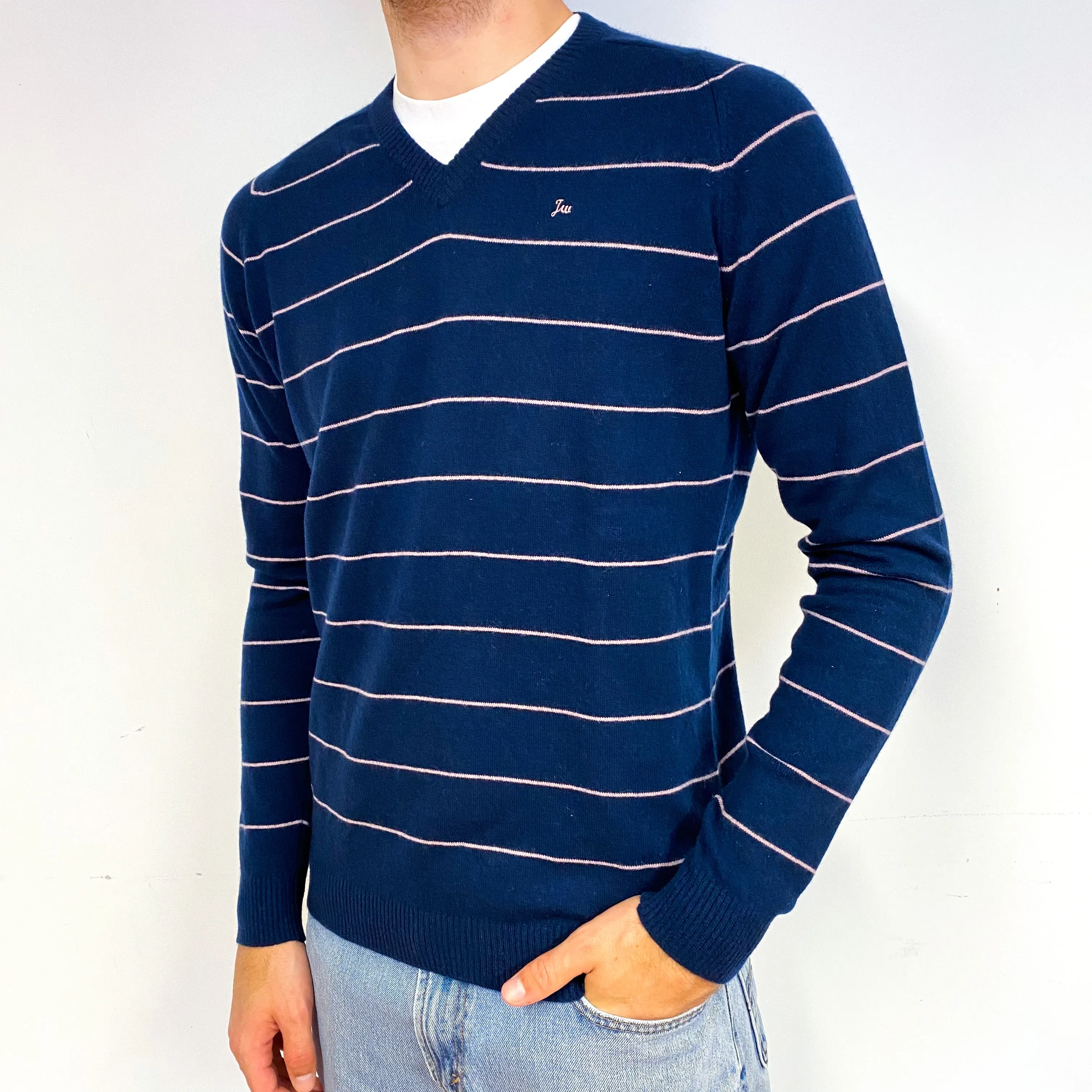 Men's Navy Pink Stripe Cashmere V-Neck Jumper Medium
