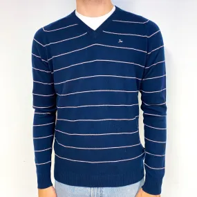 Men's Navy Pink Stripe Cashmere V-Neck Jumper Medium