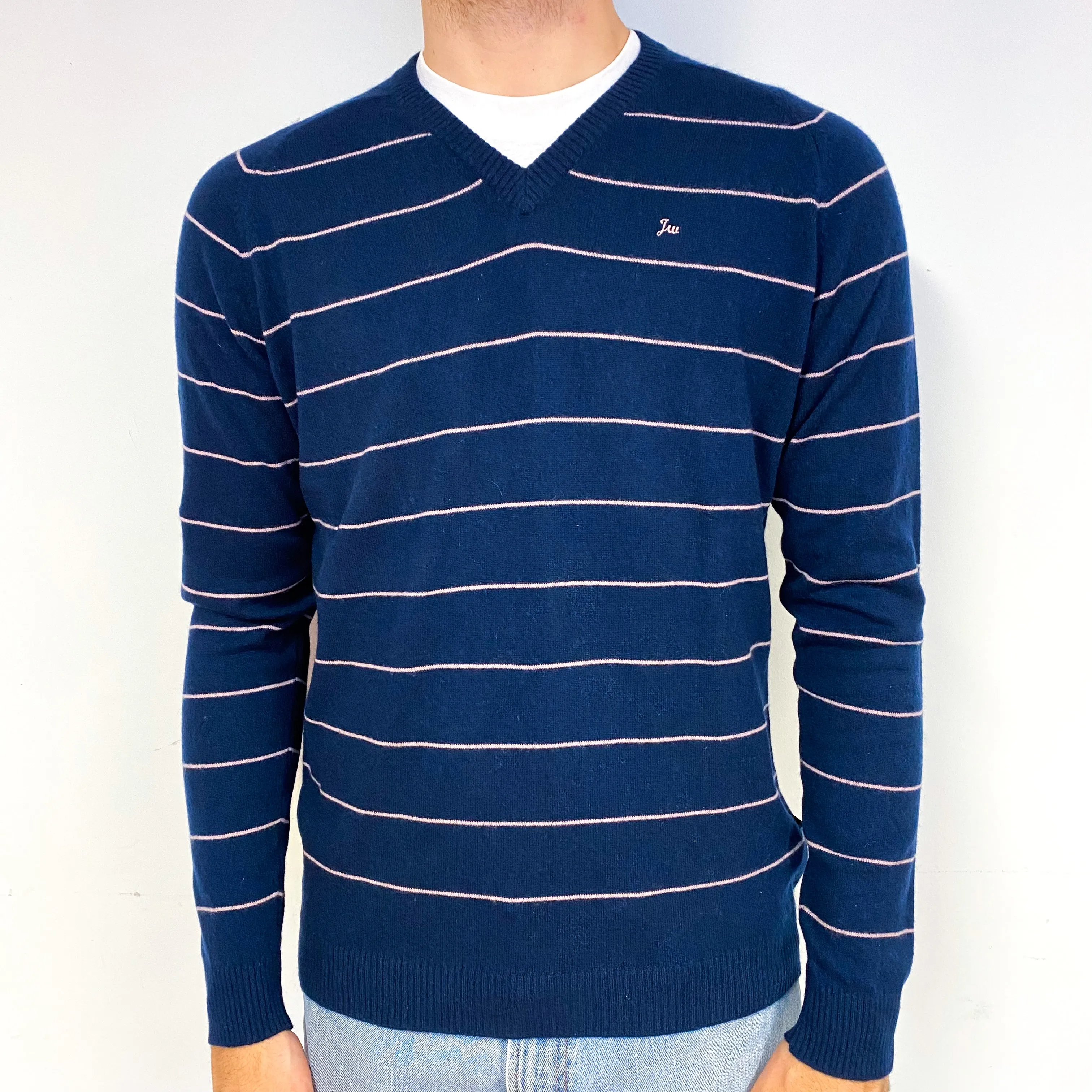 Men's Navy Pink Stripe Cashmere V-Neck Jumper Medium