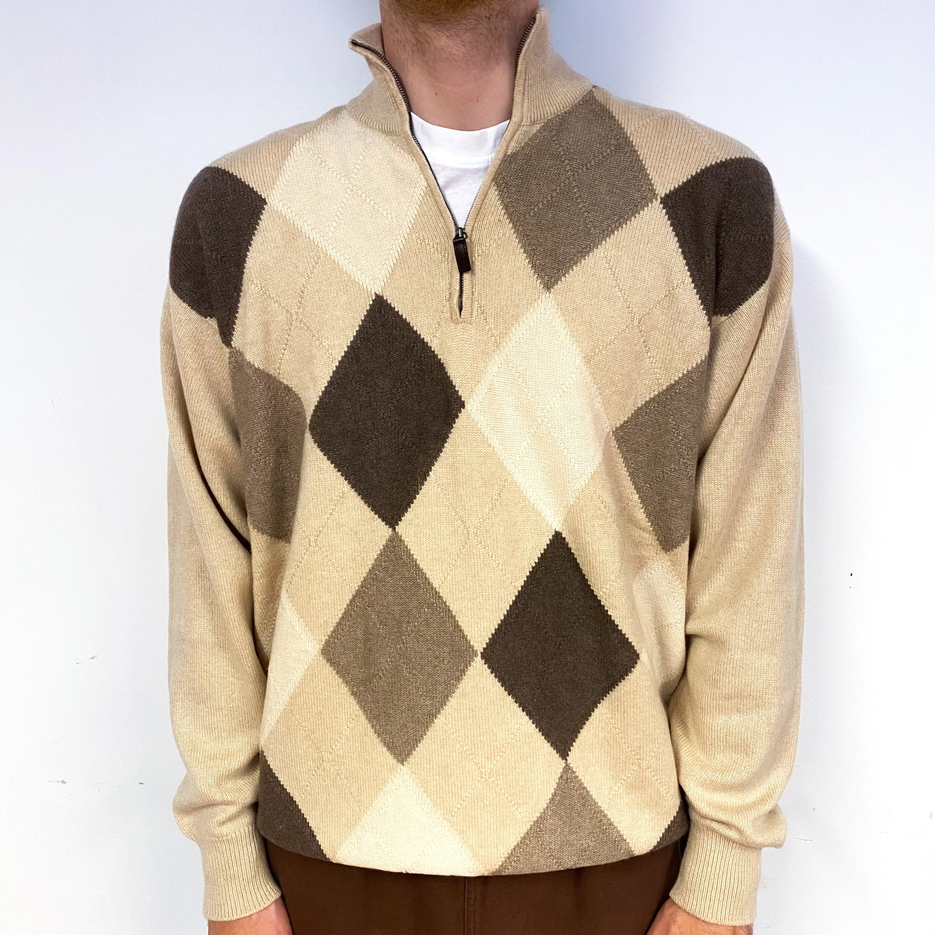 Men's Scottish Beige Mocha Diamond Cashmere 1/4 Zip Jumper Large