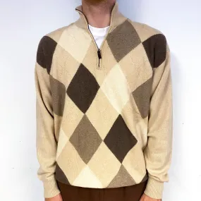 Men's Scottish Beige Mocha Diamond Cashmere 1/4 Zip Jumper Large