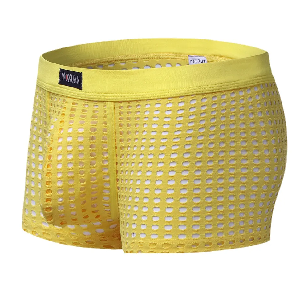 Men's Transparent Mesh Boxers - Solid Color Underwear with Breathable Holes