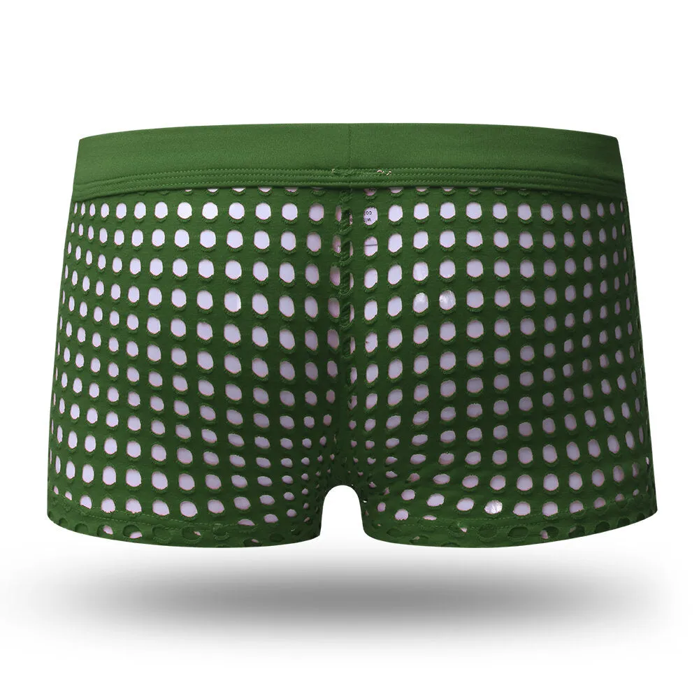 Men's Transparent Mesh Boxers - Solid Color Underwear with Breathable Holes