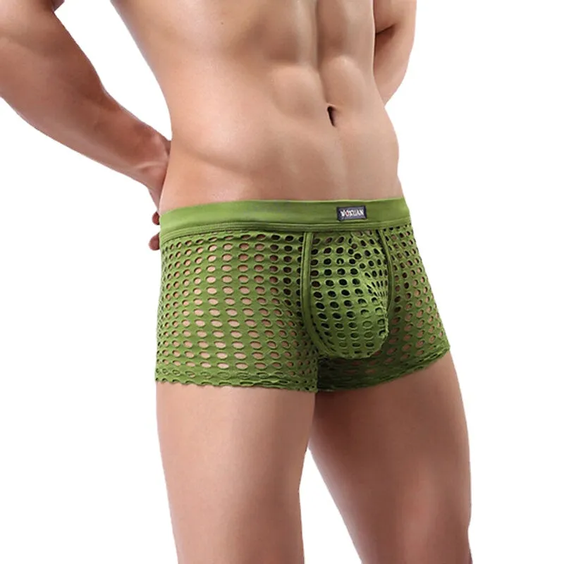 Men's Transparent Mesh Boxers - Solid Color Underwear with Breathable Holes