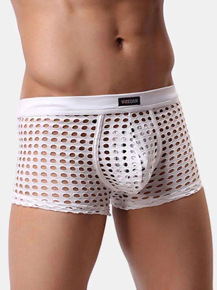 Men's Transparent Mesh Boxers - Solid Color Underwear with Breathable Holes