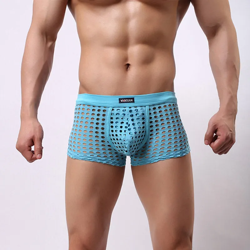 Men's Transparent Mesh Boxers - Solid Color Underwear with Breathable Holes