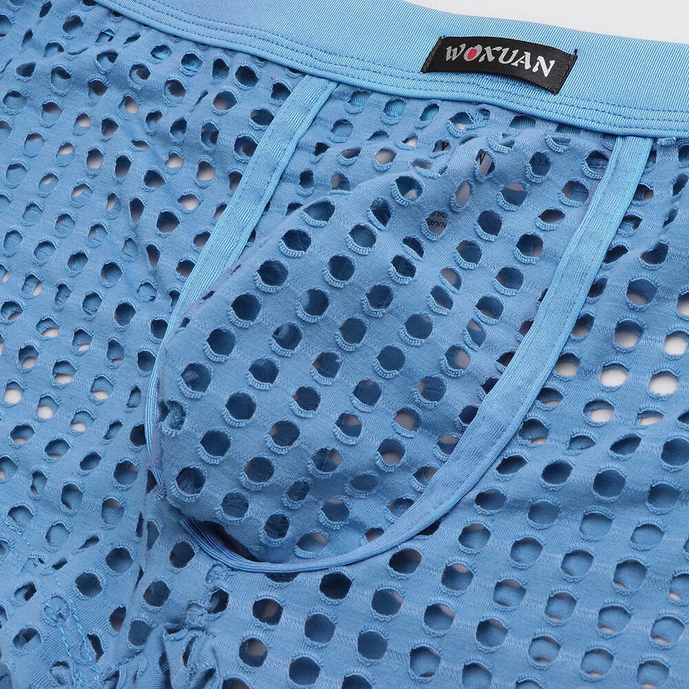 Men's Transparent Mesh Boxers - Solid Color Underwear with Breathable Holes