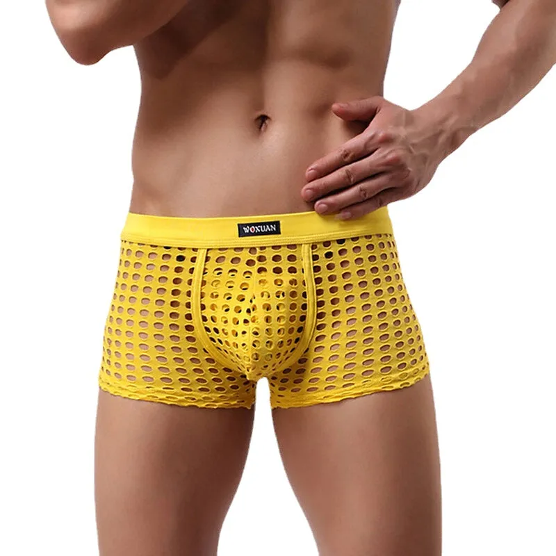 Men's Transparent Mesh Boxers - Solid Color Underwear with Breathable Holes