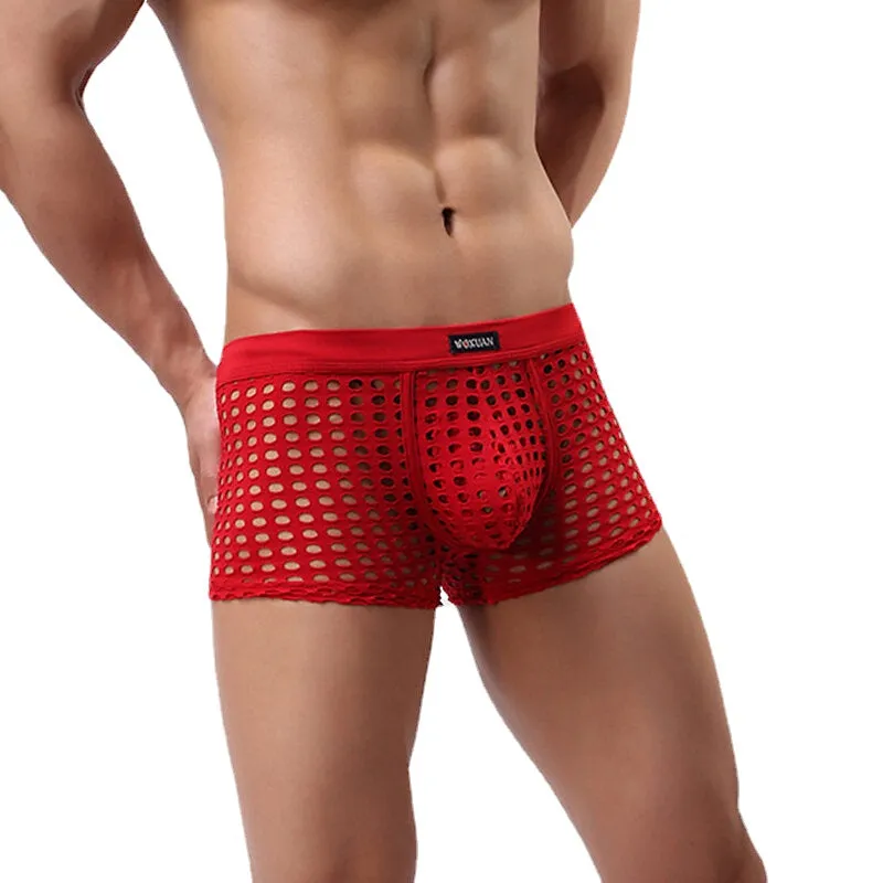Men's Transparent Mesh Boxers - Solid Color Underwear with Breathable Holes