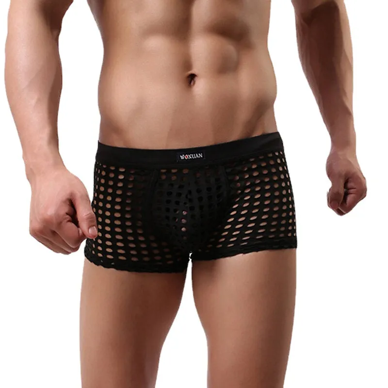 Men's Transparent Mesh Boxers - Solid Color Underwear with Breathable Holes