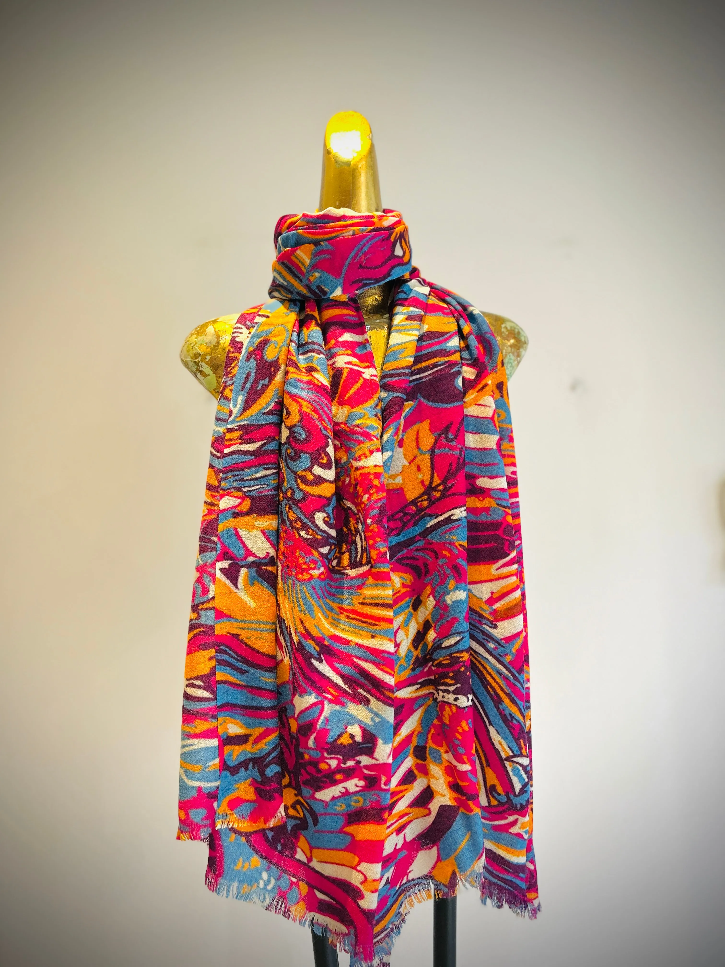 Merino Wool Silk Printed Shawl.     April Sale 25% Off ....At Checkout Use Code April25