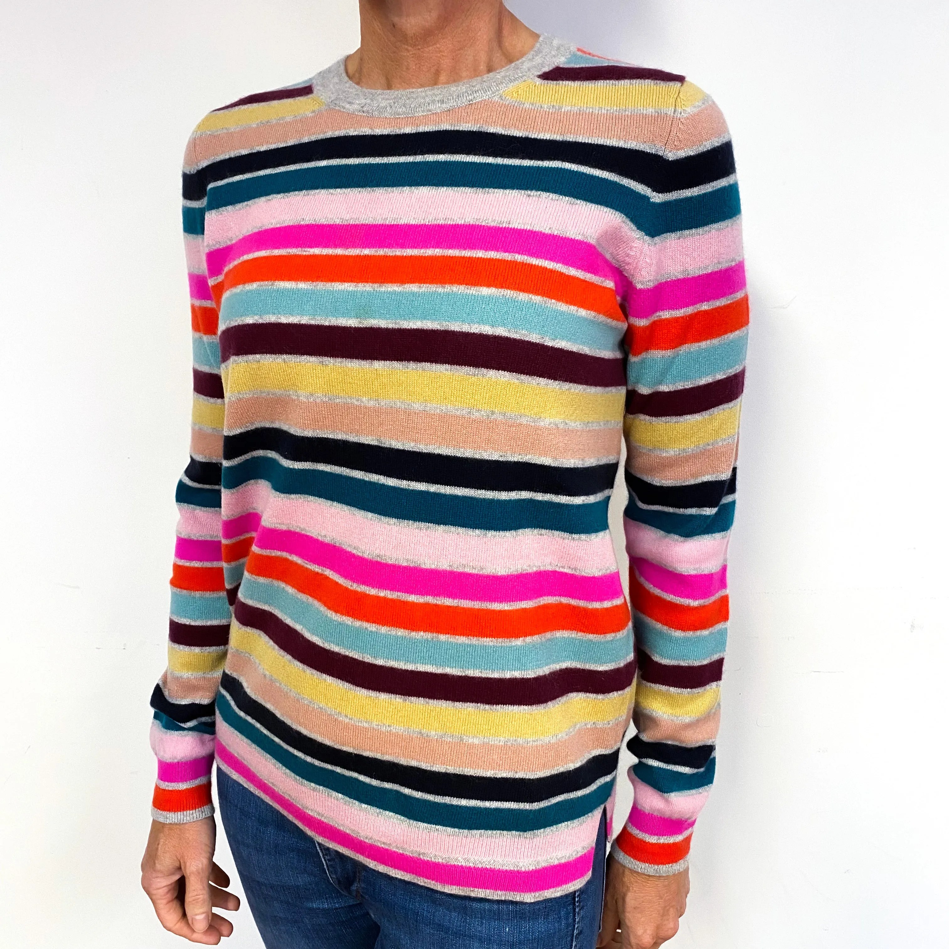 Multicoloured Striped Cashmere Crew Neck Jumper Medium