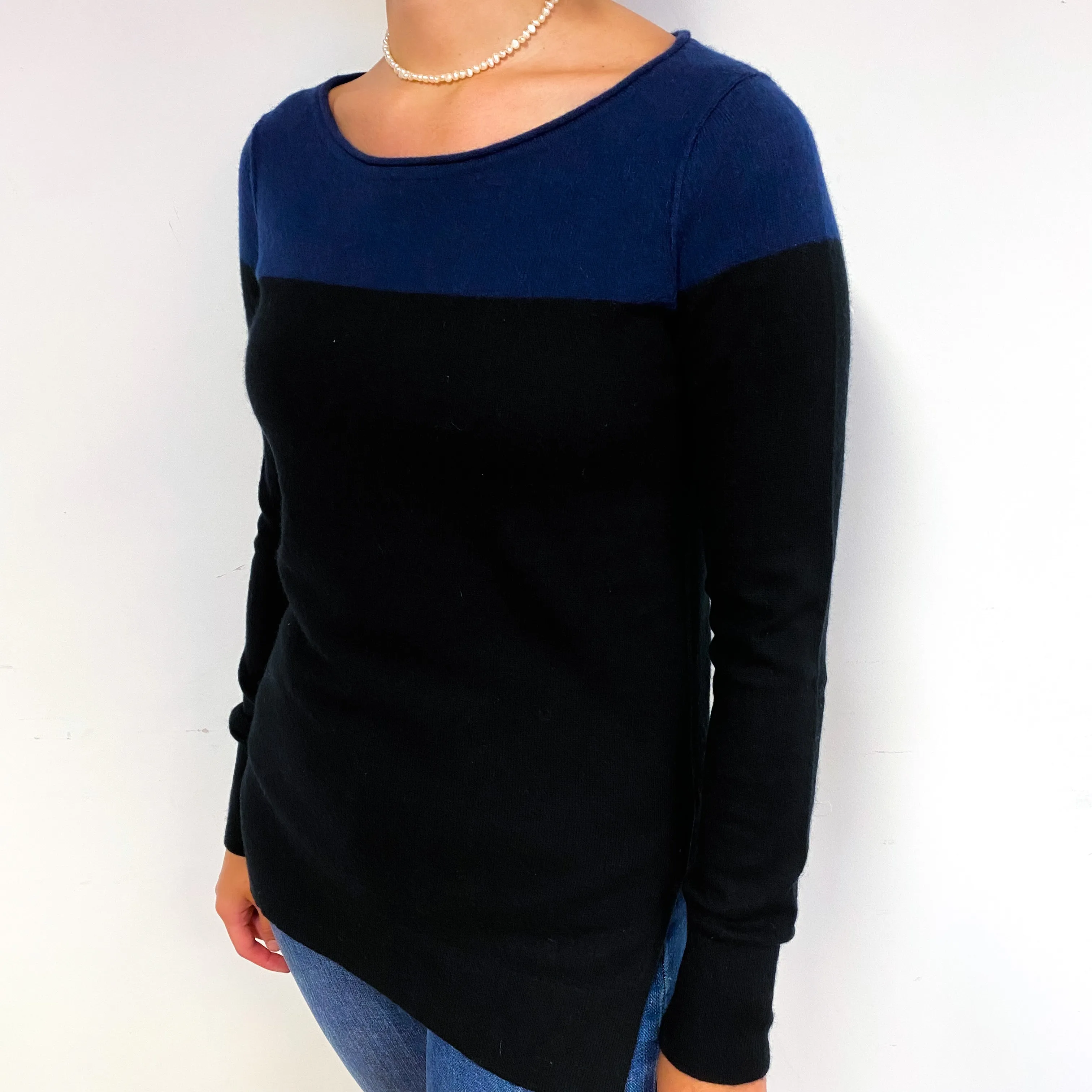 Navy Black Split Hem Cashmere Crew Neck Jumper Small