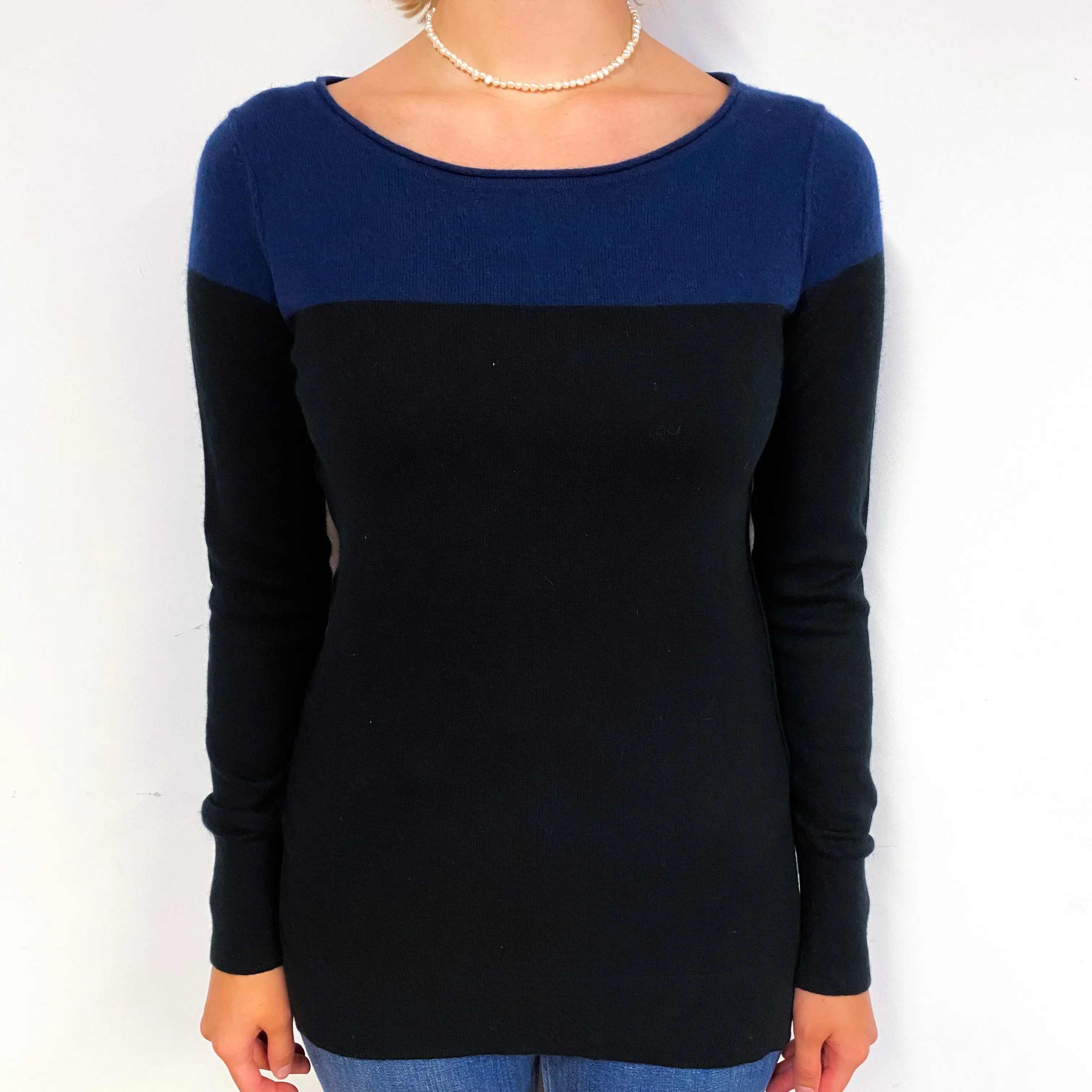 Navy Black Split Hem Cashmere Crew Neck Jumper Small