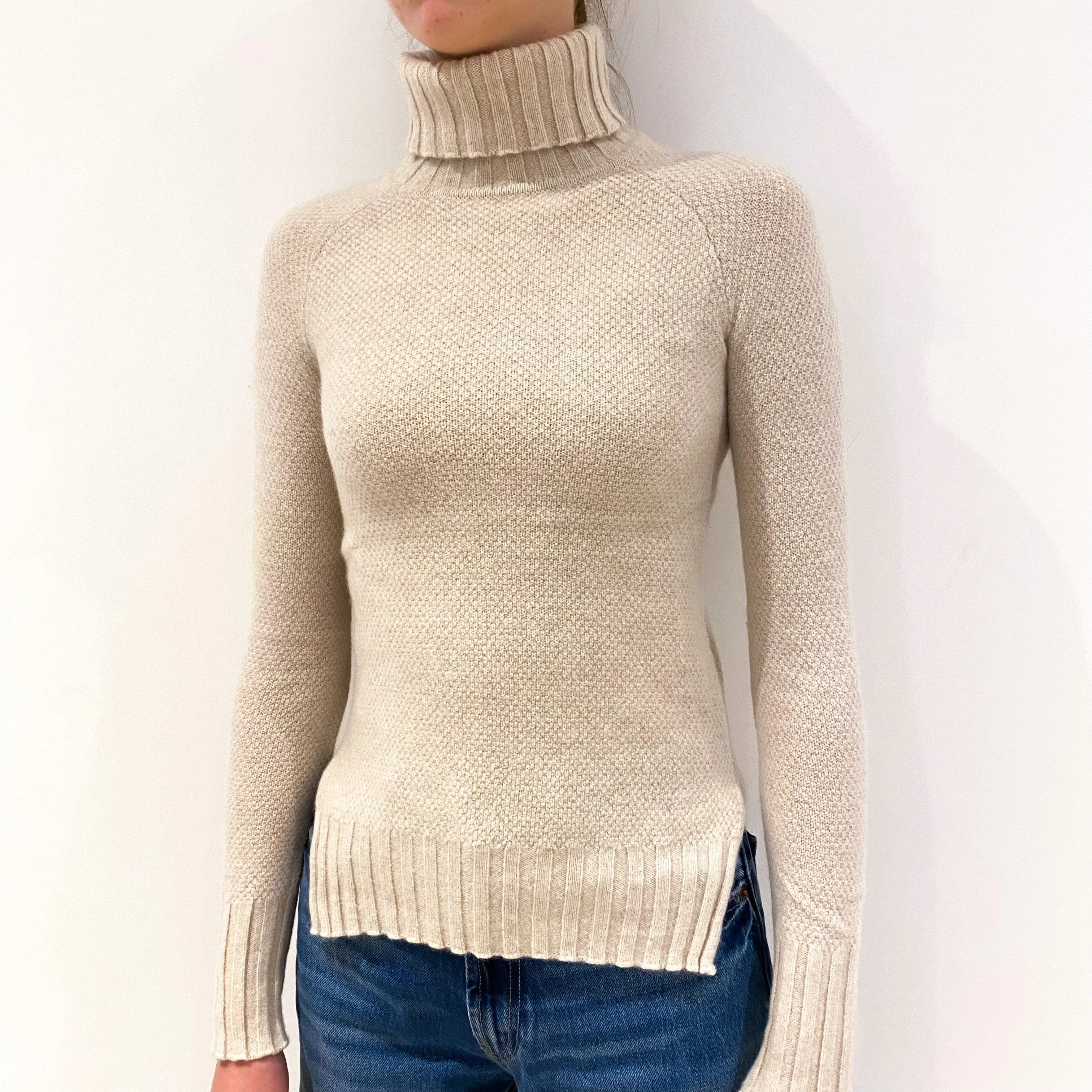 Oatmeal Beige Waffle Cashmere Polo Neck Jumper Extra Small