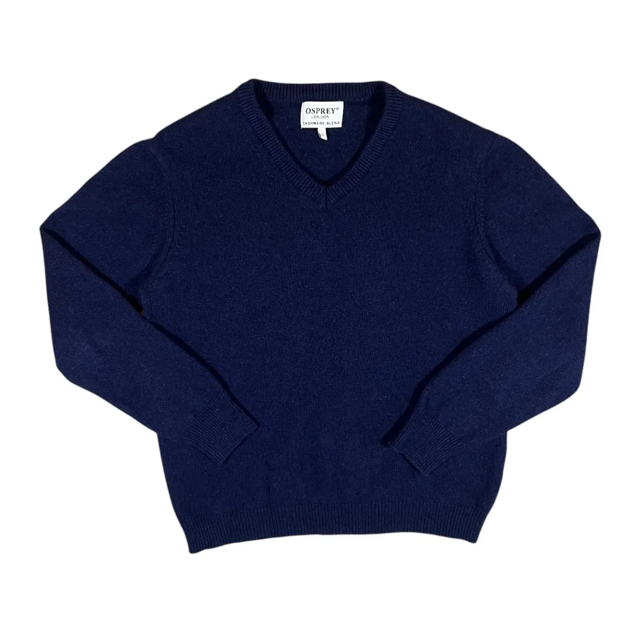 OSPREY LONDON Lambswool Cashmere Blend Navy Blue Knit V-Neck Sweater Jumper