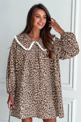 Oversized Peter Pan Collar Long Sleeve Leopard Print Babydoll Mini Dress