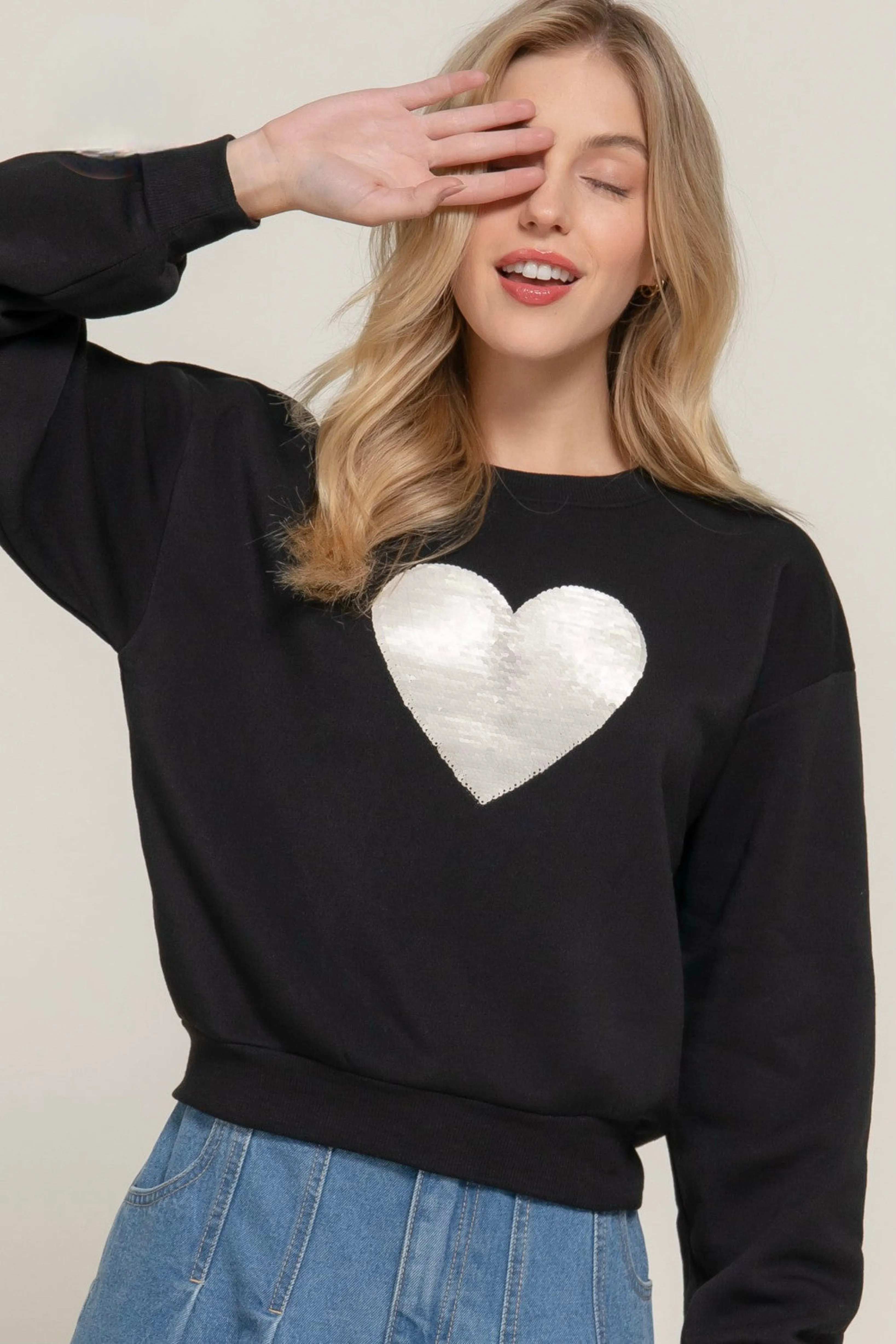 Oversized Sequin Heart Sweatshirt in Black