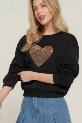 Oversized Sequin Heart Sweatshirt in Black