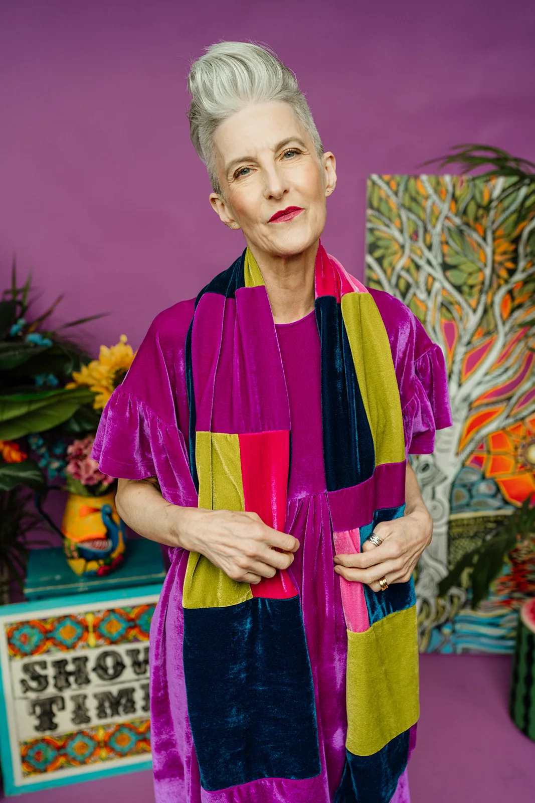Patchwork Velvet Scarf in Lime/Teal/Pink