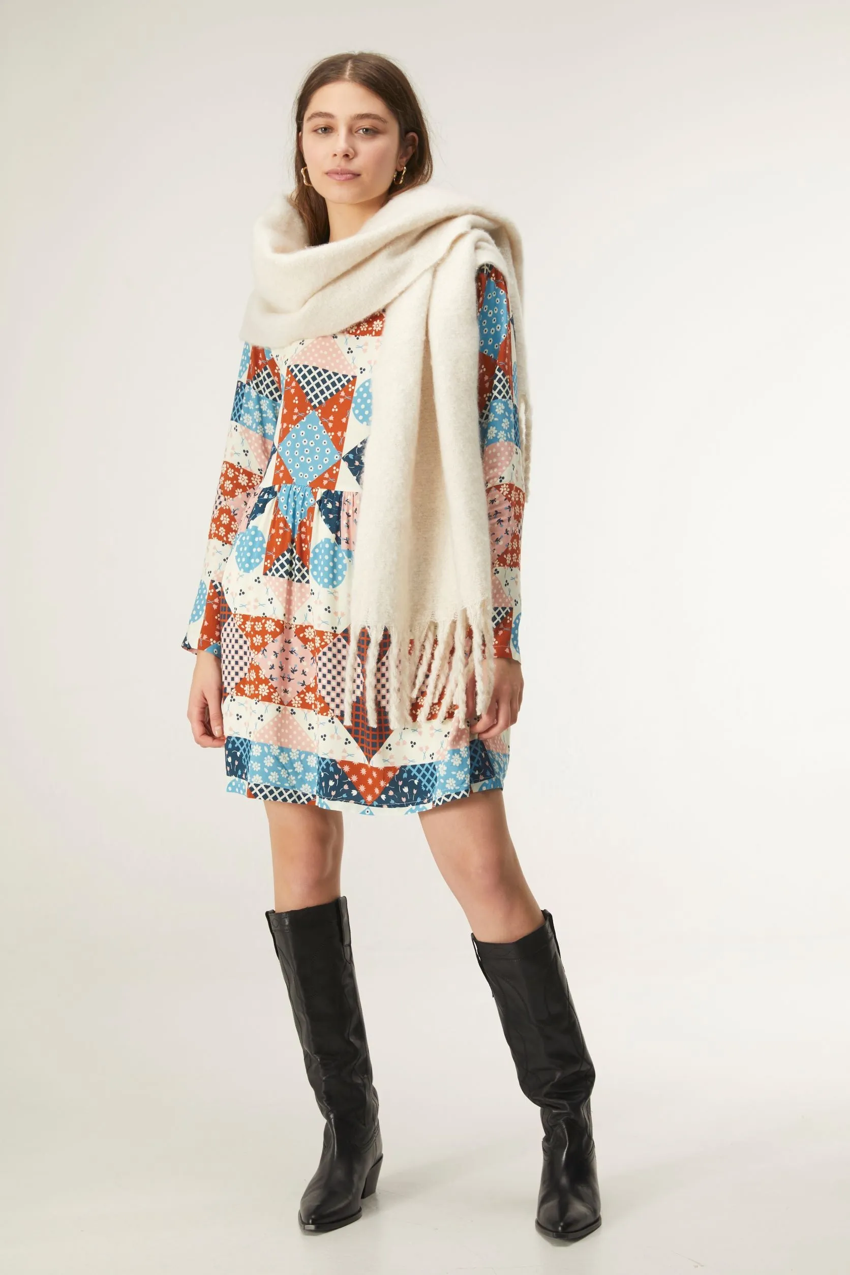 Patchwork Western Print Short babydoll dress in viscose LENZING™ ECOVERO™ by Compania Fantastica