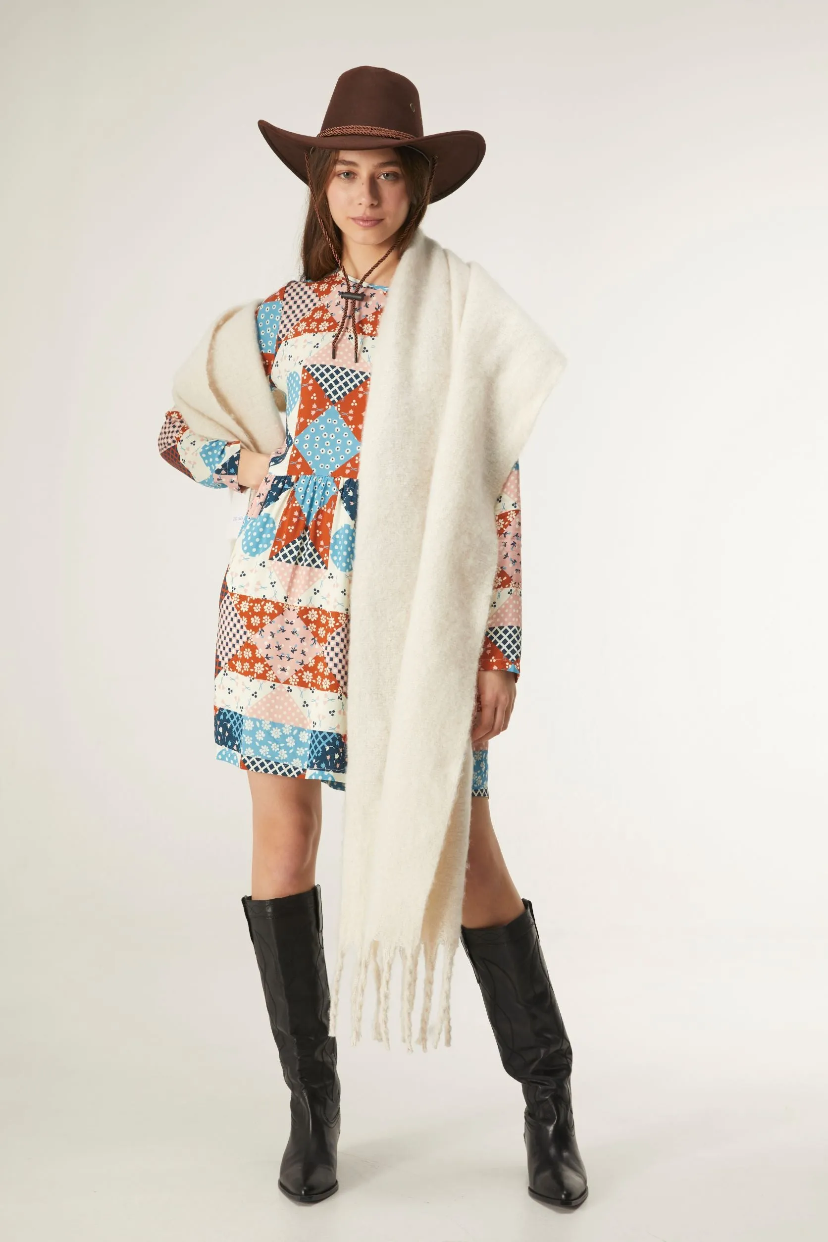 Patchwork Western Print Short babydoll dress in viscose LENZING™ ECOVERO™ by Compania Fantastica