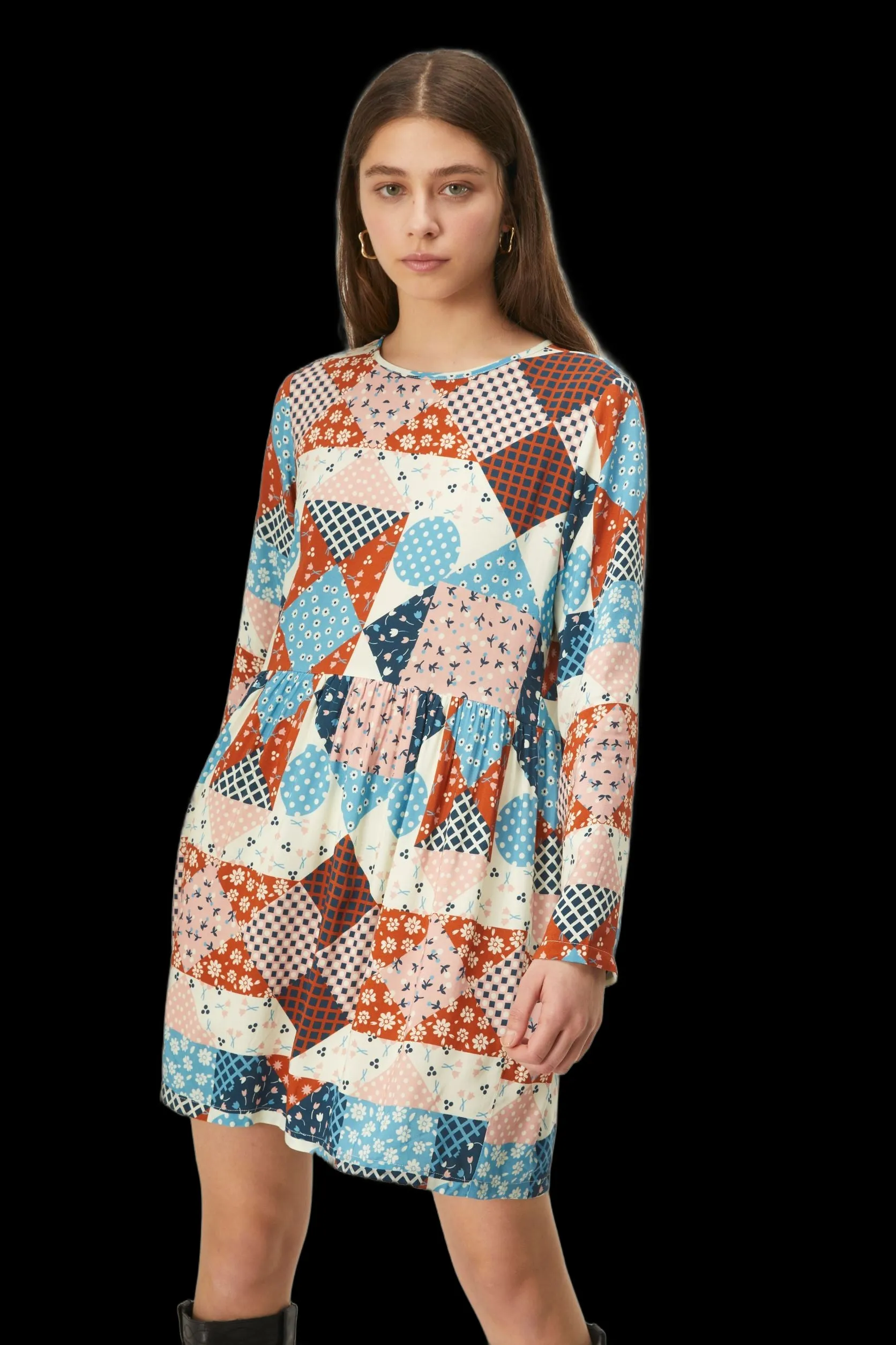 Patchwork Western Print Short babydoll dress in viscose LENZING™ ECOVERO™ by Compania Fantastica