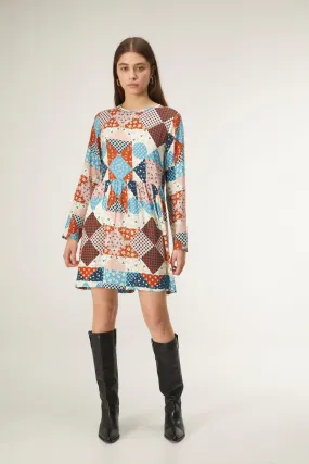 Patchwork Western Print Short babydoll dress in viscose LENZING™ ECOVERO™ by Compania Fantastica
