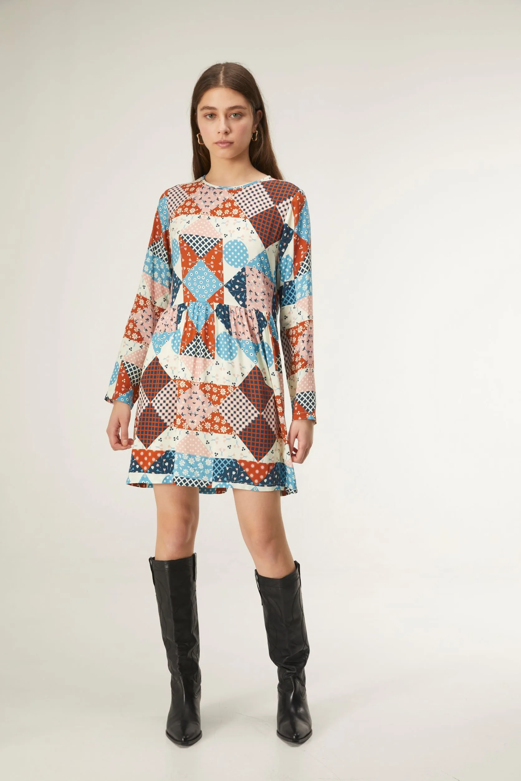 Patchwork Western Print Short babydoll dress in viscose LENZING™ ECOVERO™ by Compania Fantastica