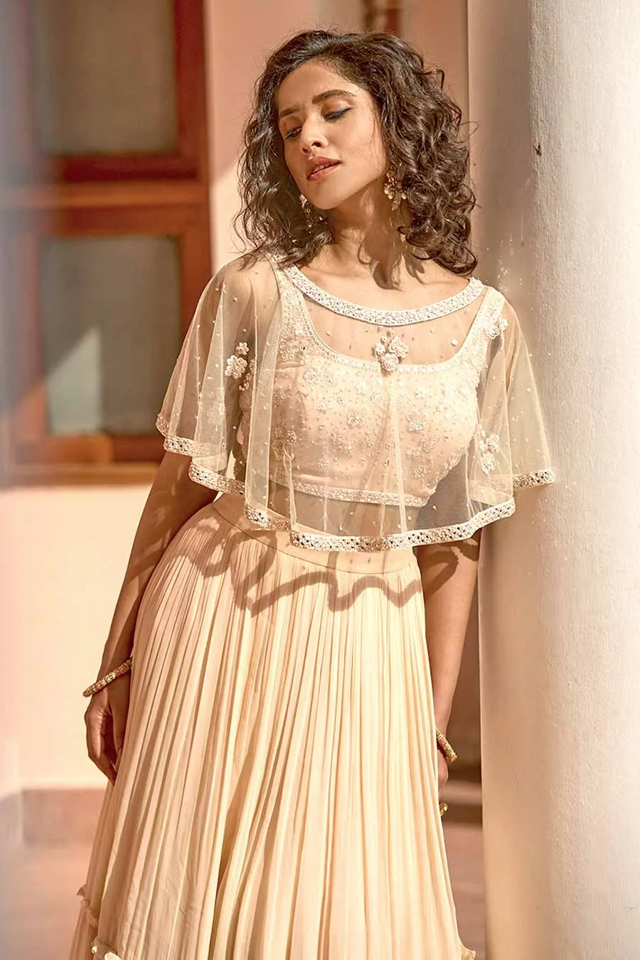 Peach Embroidered Lehenga Set With Cape