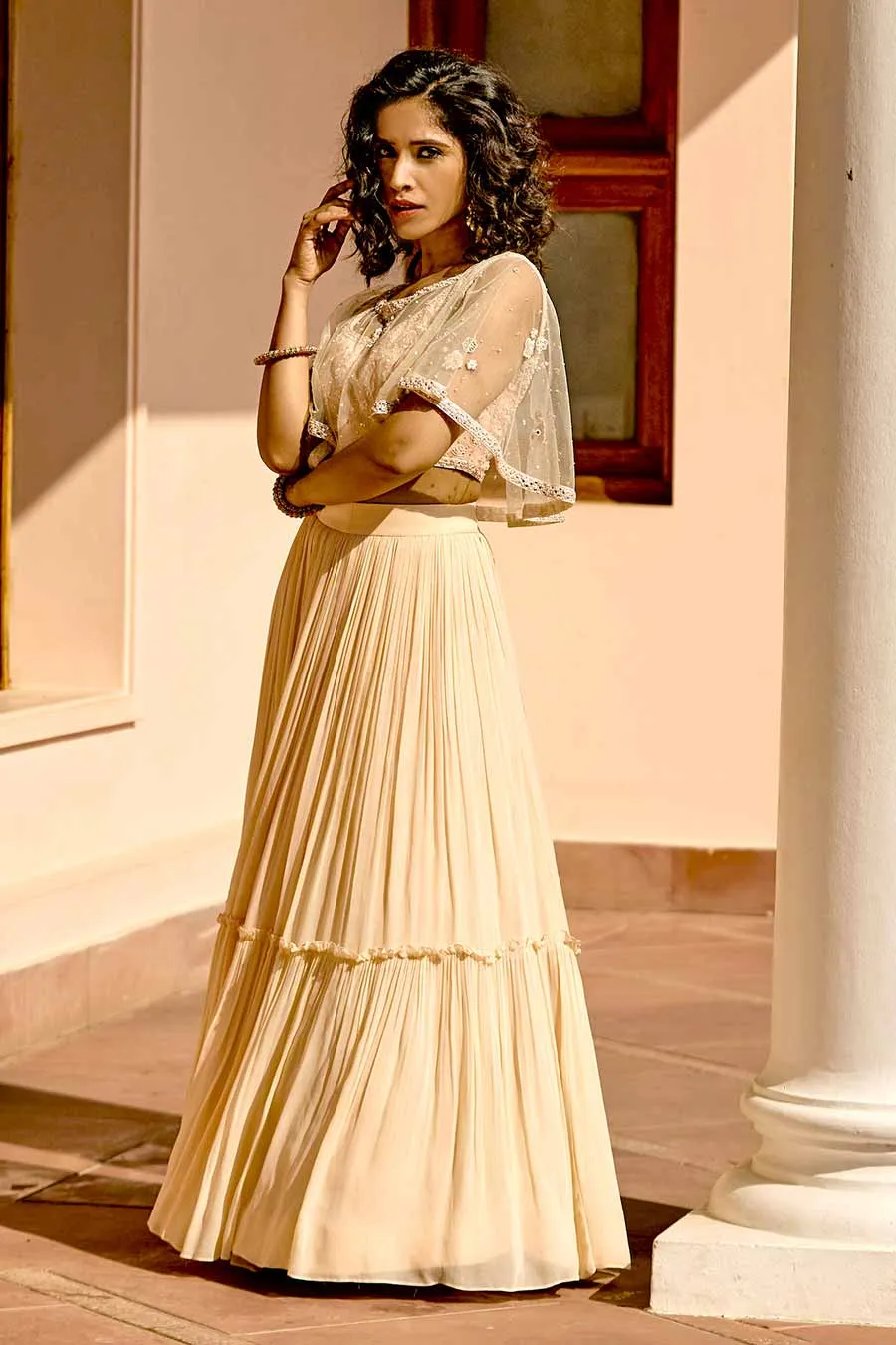 Peach Embroidered Lehenga Set With Cape