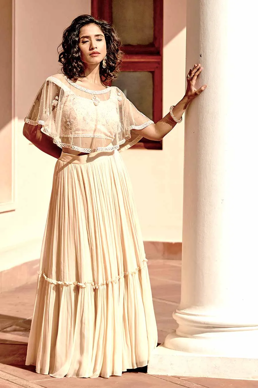 Peach Embroidered Lehenga Set With Cape
