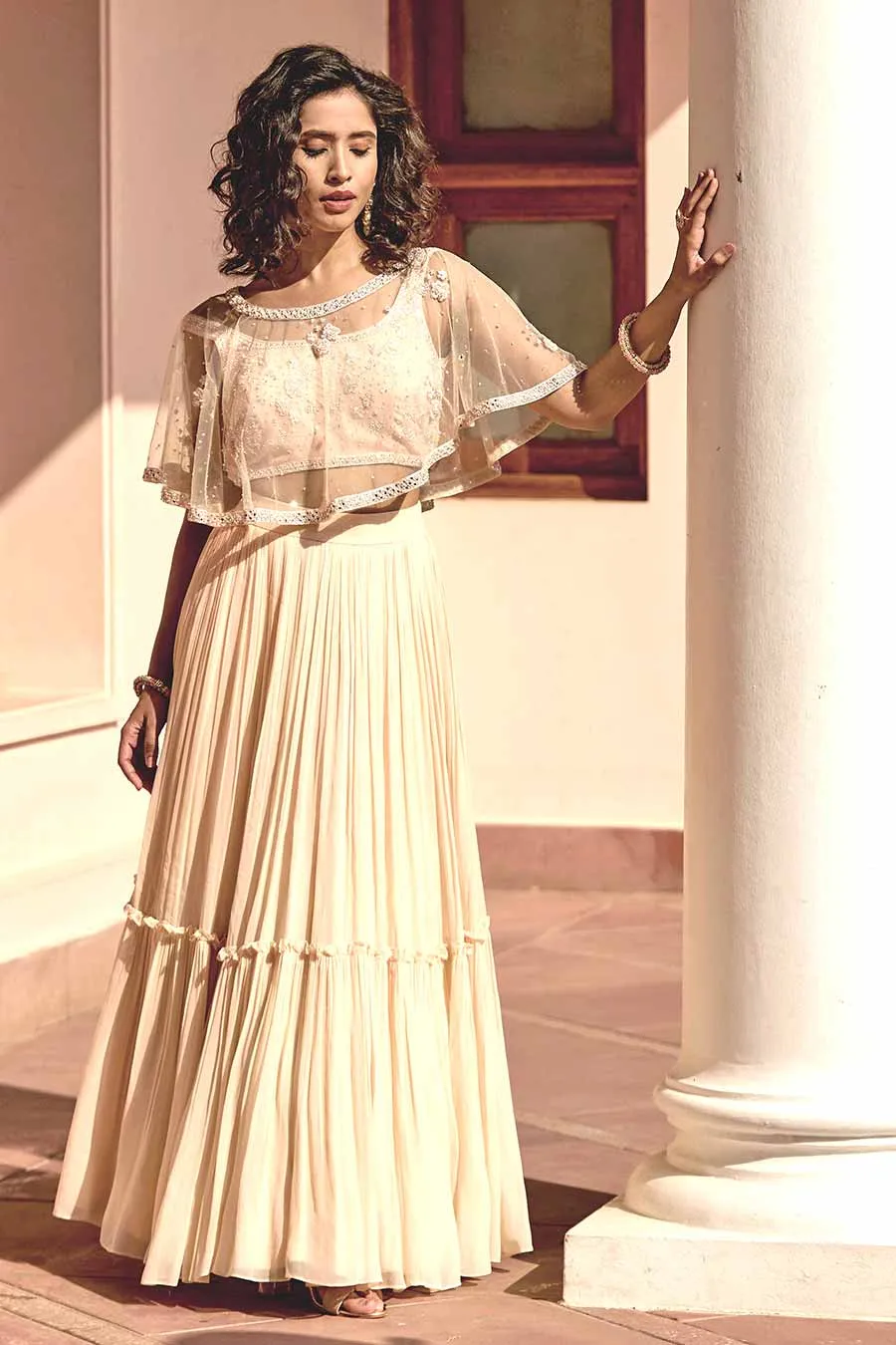 Peach Embroidered Lehenga Set With Cape