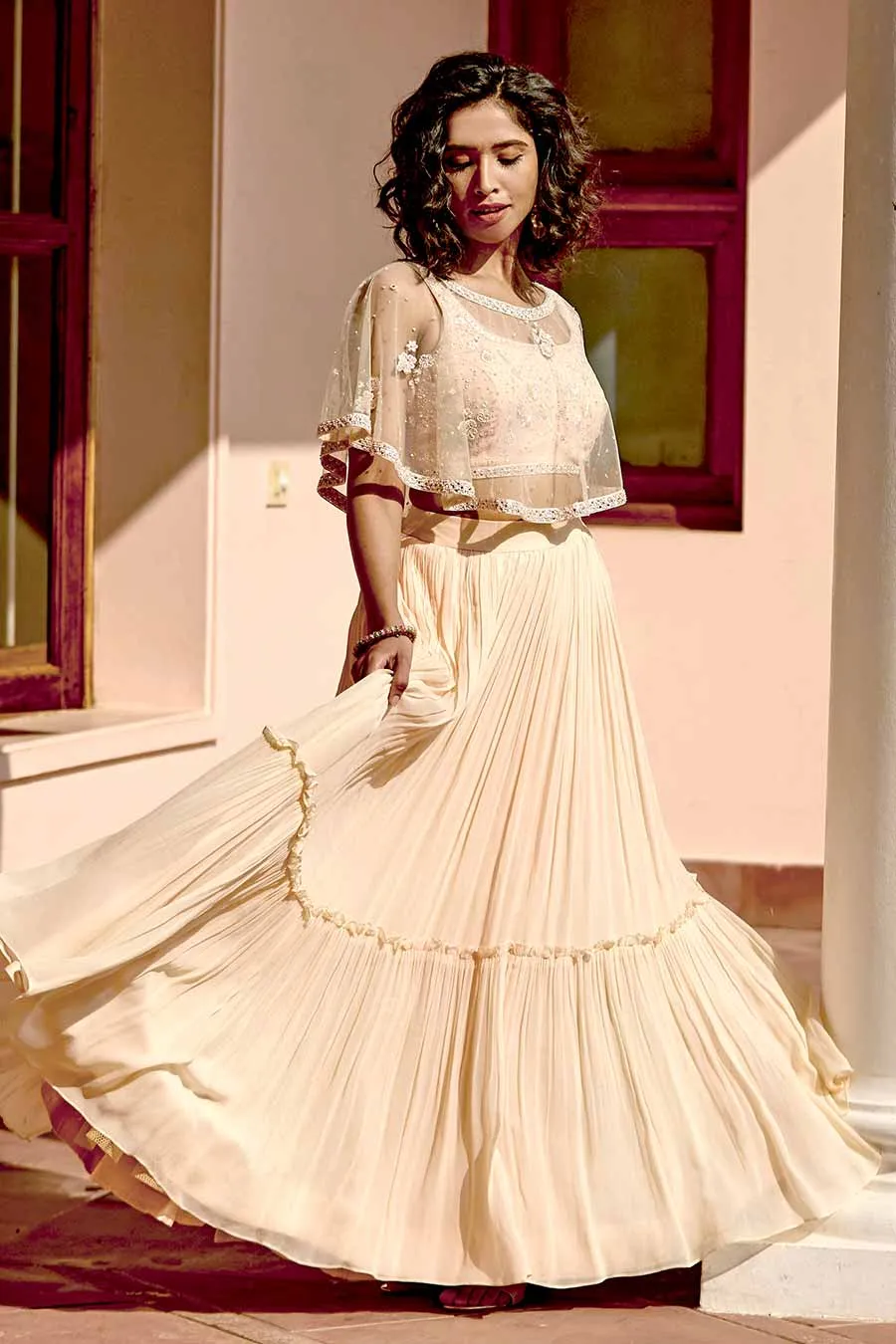Peach Embroidered Lehenga Set With Cape