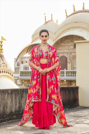 Pink Chinon Silk Ditsy Print Choli With Drape Skirt And Cape